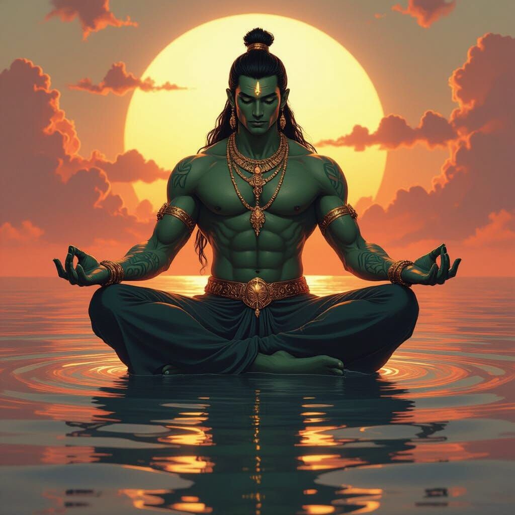 Jade Warrior Meditating in Lotus Position: Fantasy Art