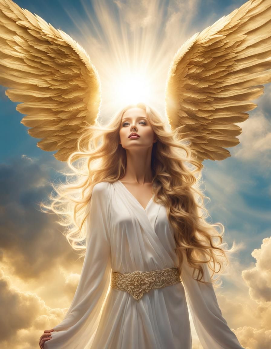 Angel Woman with Golden Clouds and Wings