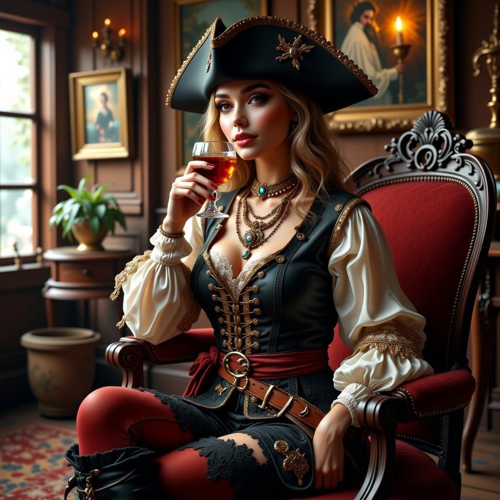 Beautiful Pirate Captain in Ornate Cabin, 4K