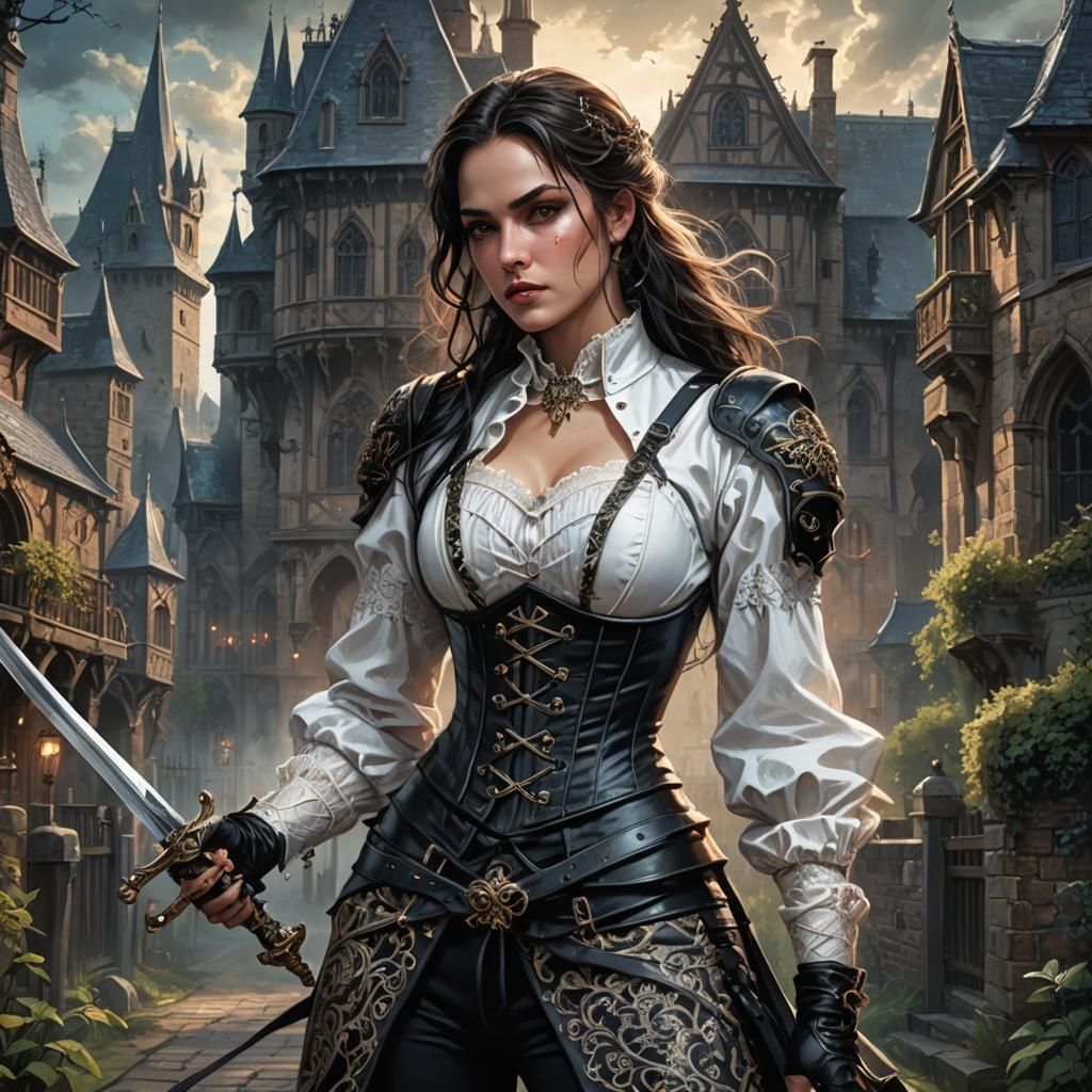 Dark Fantasy Swordswoman in Gothic Village