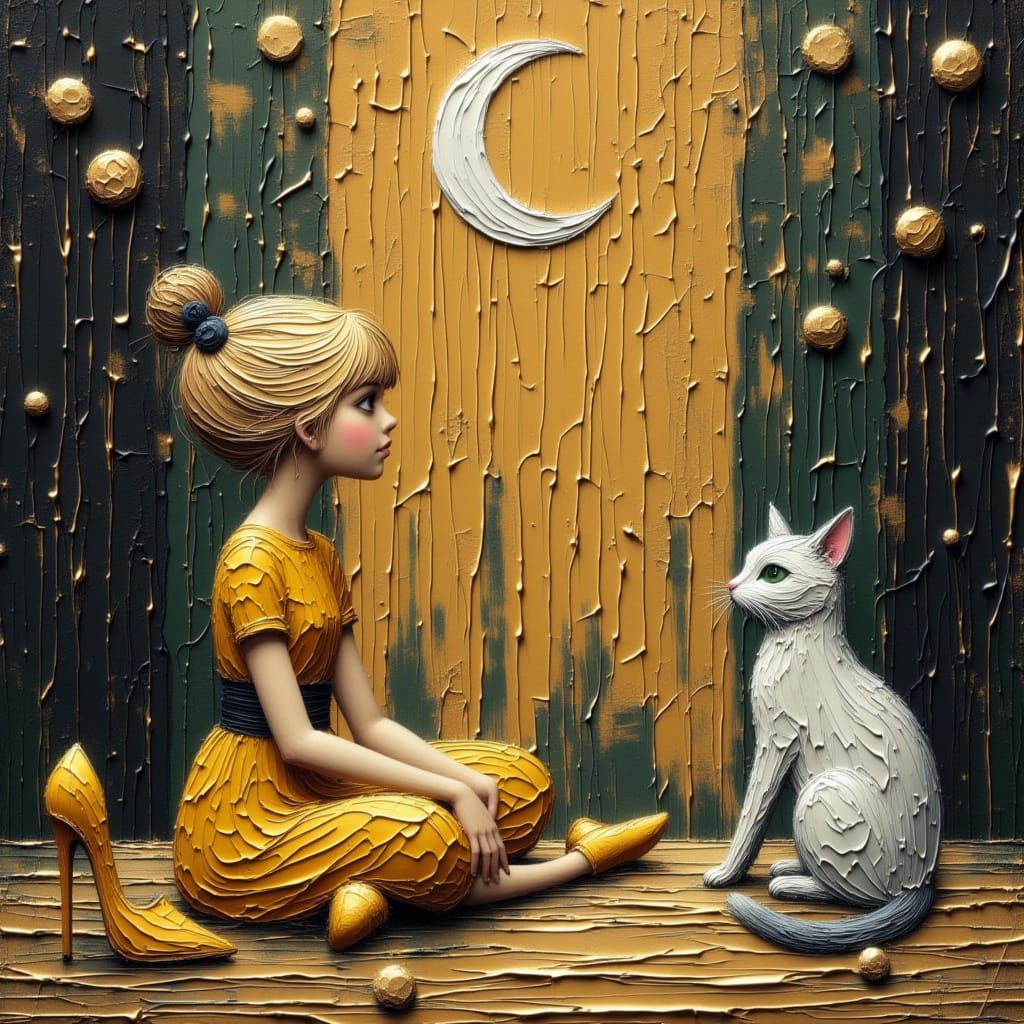 Ethereal Blonde Woman with Cat Beside Golden Portal