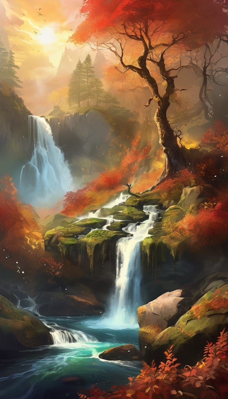 Majestic Autumn Waterfall with Red Fox in Painterly Style