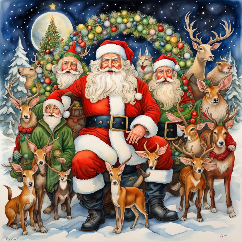 Santa and Elves in Double Exposure Watercolor