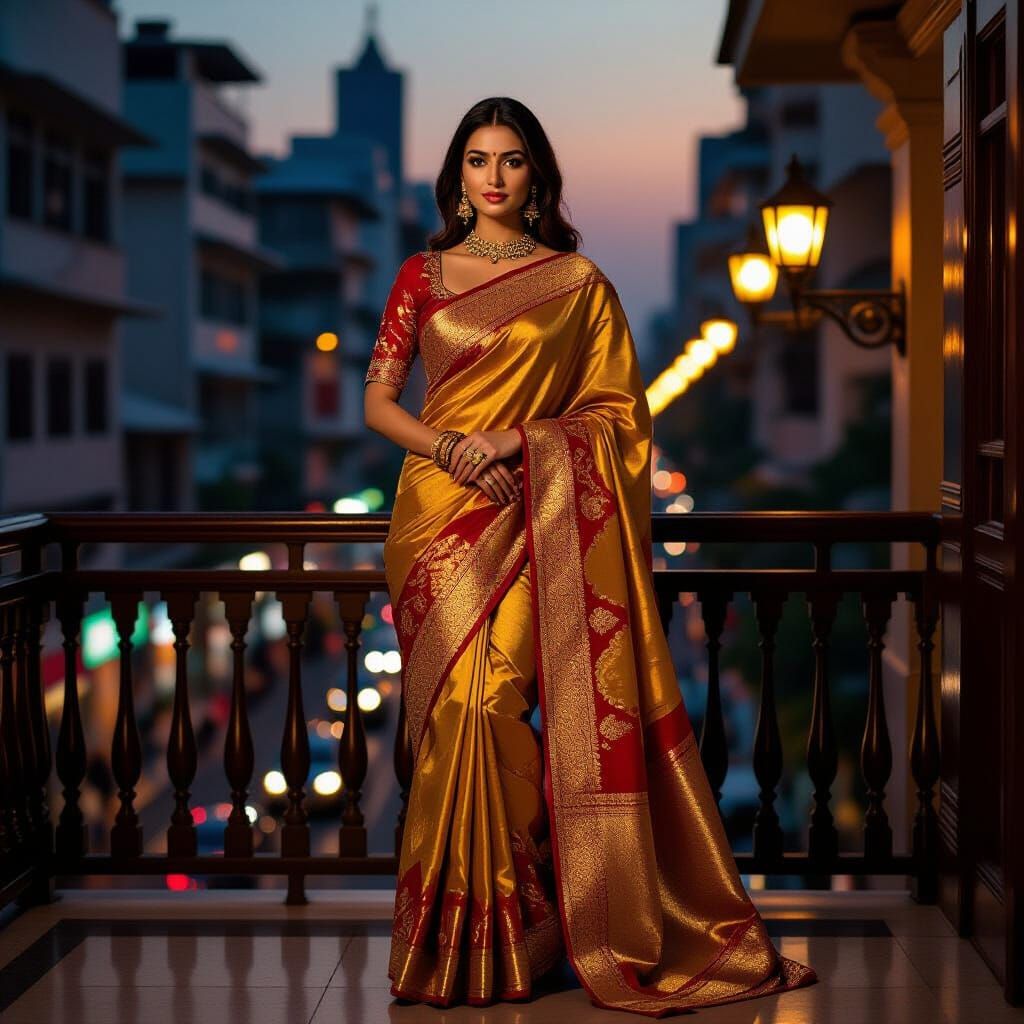 Elegant Woman in Silk Saree on Mumbai Balcony at Twilight
