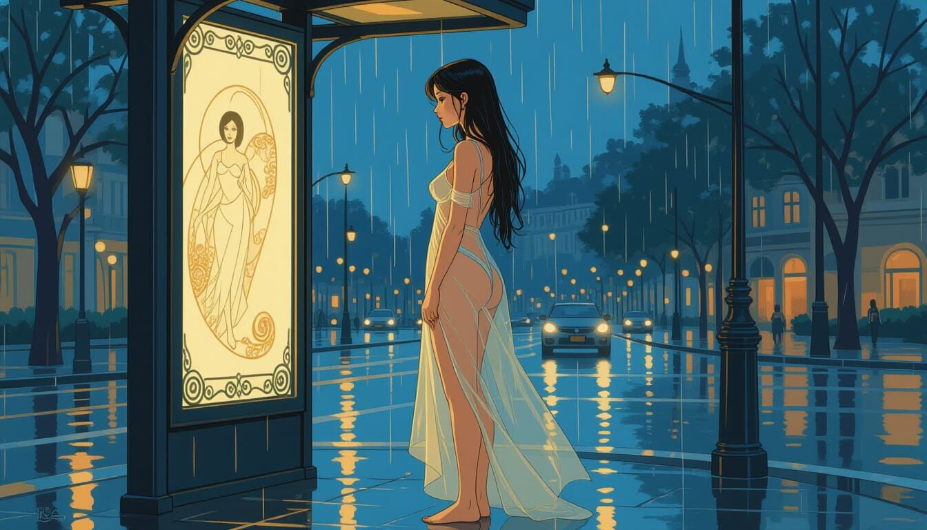 Woman in Transparent Dress at Rainy Bus Stop: Art Nouveau St...