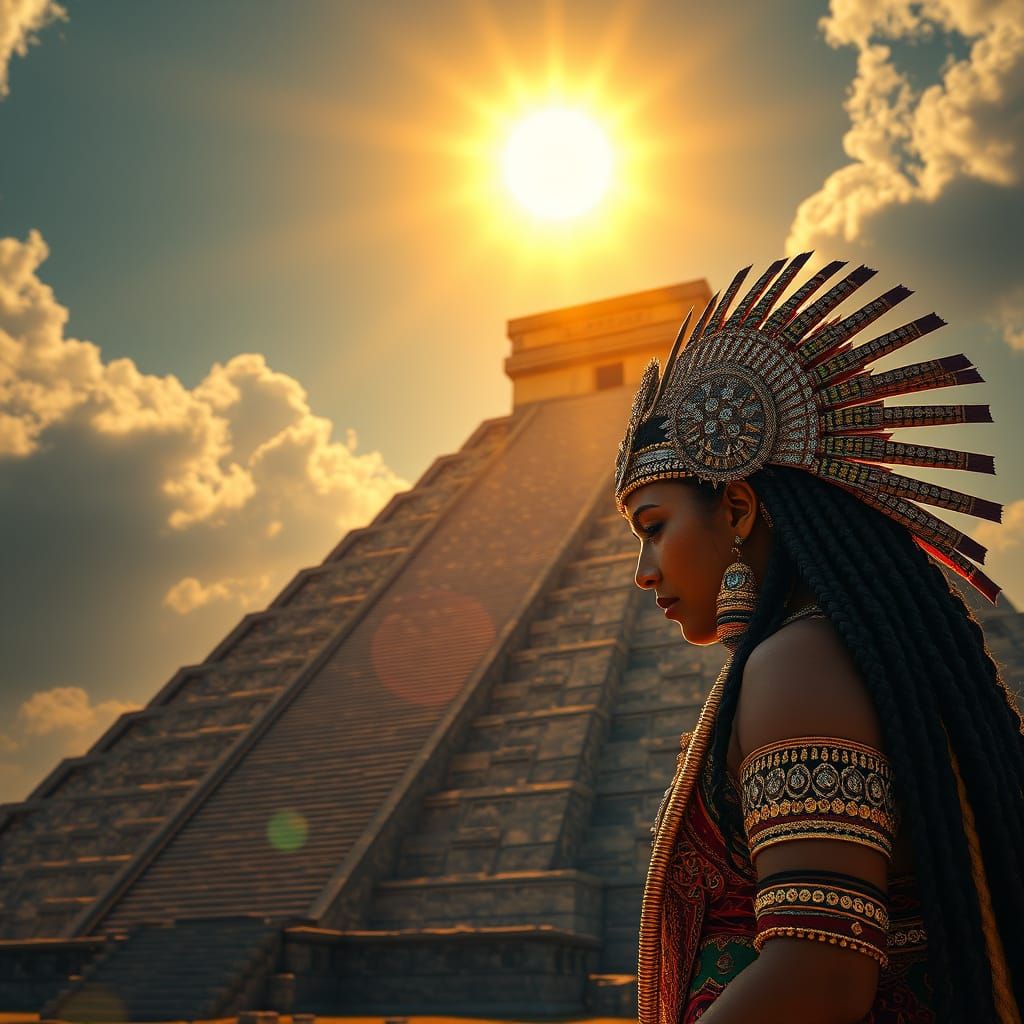 Aztec Princess Bows to Pyramid Sun