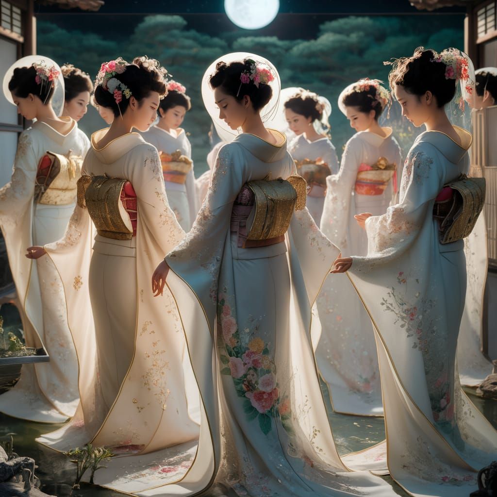 Moonlit Kimonos: Ethereal Garden Scene