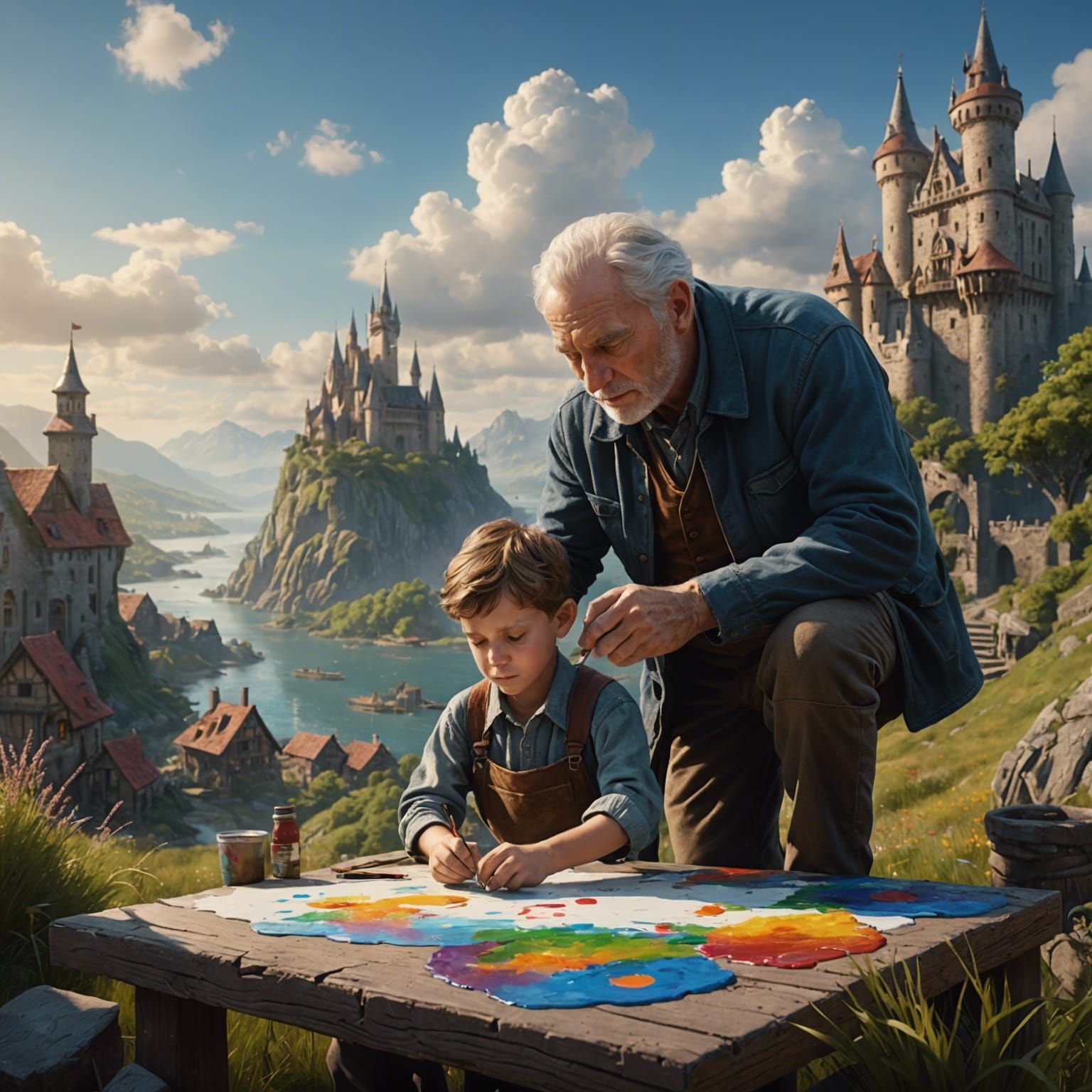 Detailed Painting of an Older Man Helping a Child