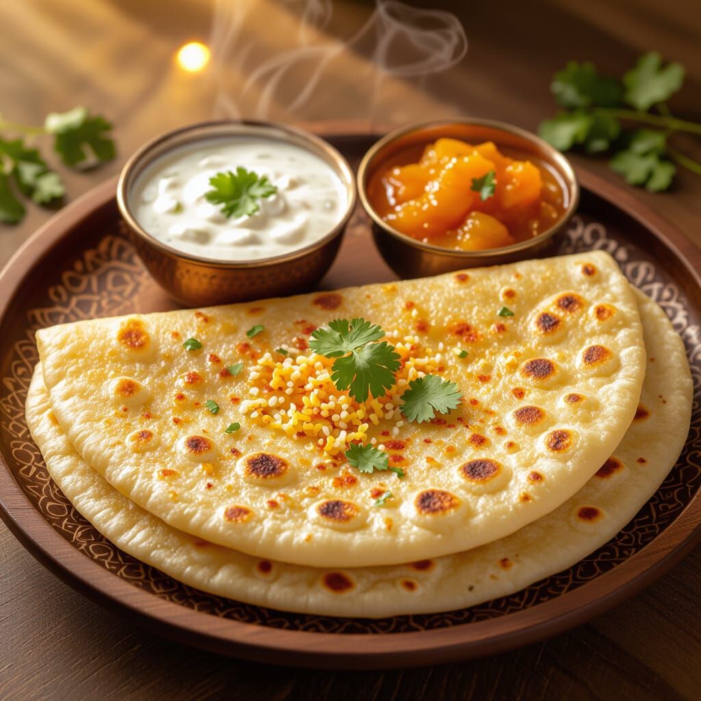 Sev Cheese Paratha with Raita and Achar