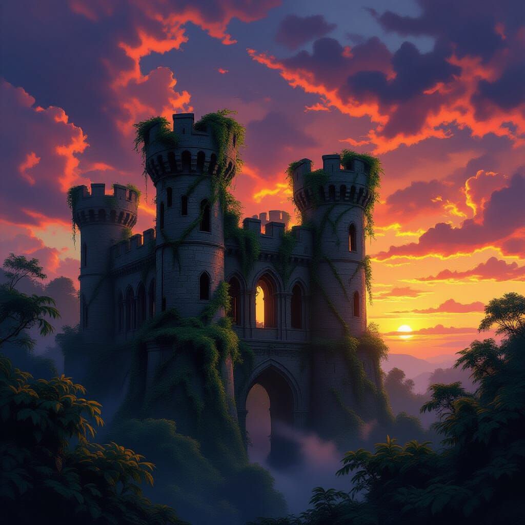 Ancient Castle Reclaimed by Jungle at Dramatic Sunset