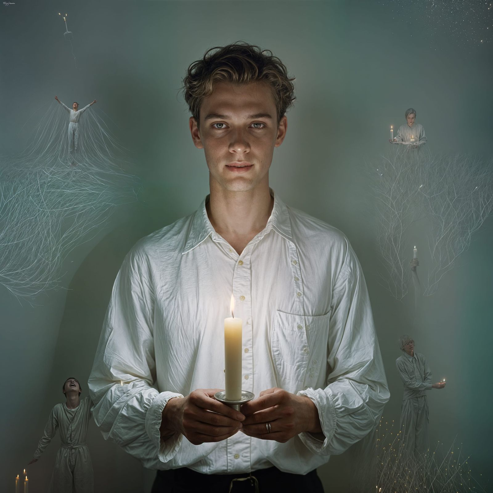 Young Man in White Glow Holds Candle