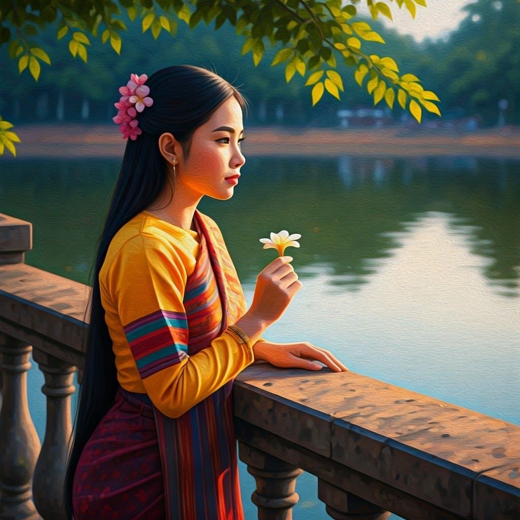 Laotian Woman in Traditional Attire Stands by Tranquil Lake