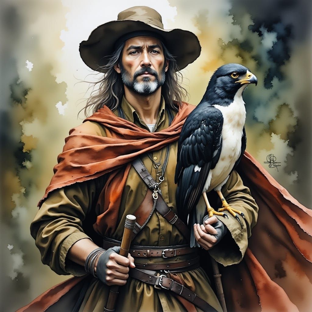 Medieval Falconer in Muted Watercolor
