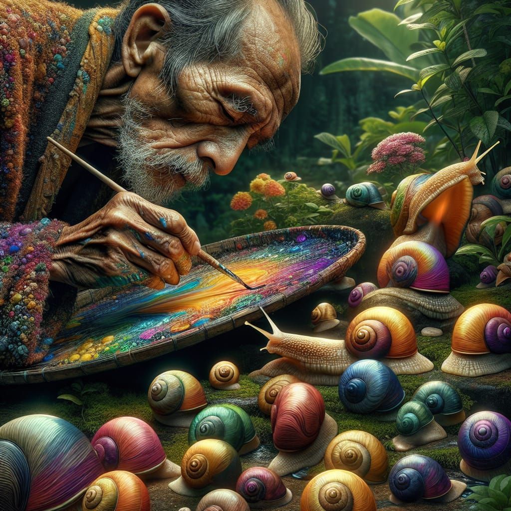 Elderly Man Paints Snail Shells: Detailed Concept Art