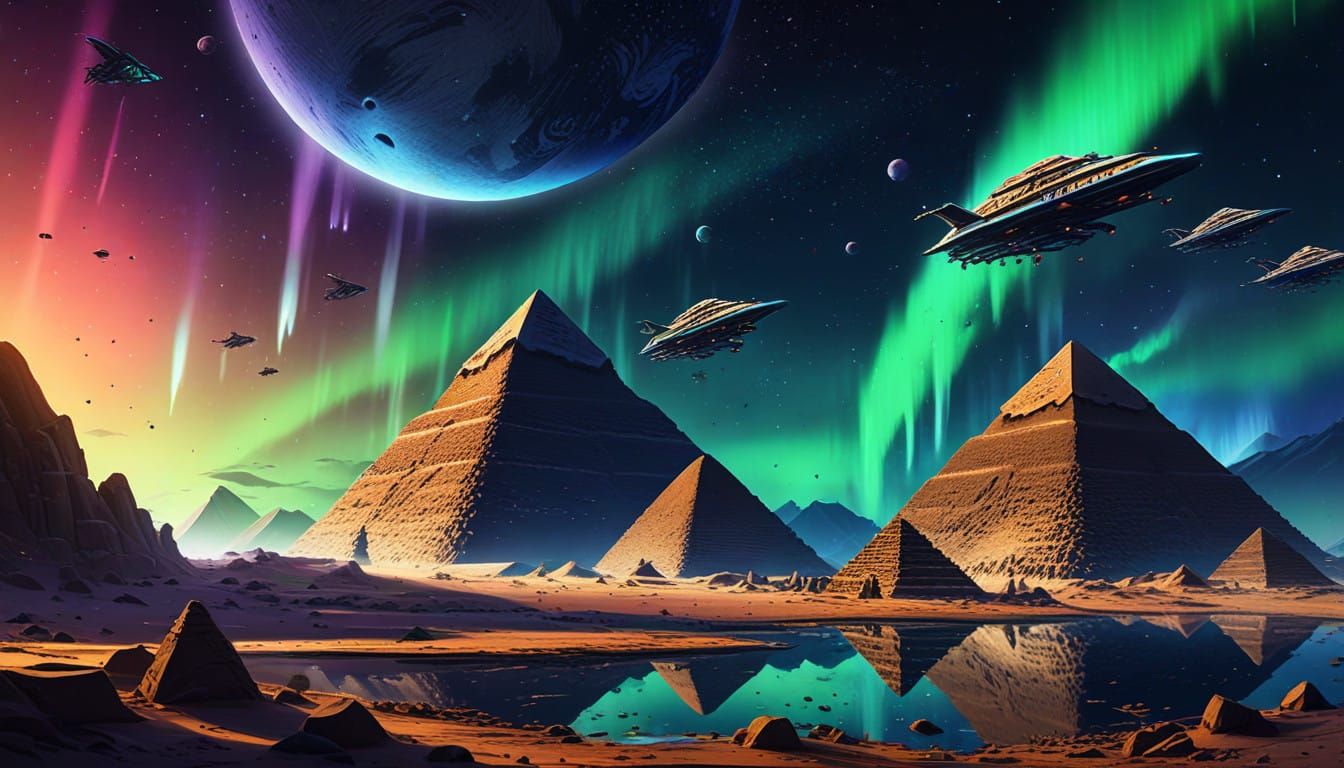 Egyptian Pyramids Illuminated by Northern Lights and Futuris...
