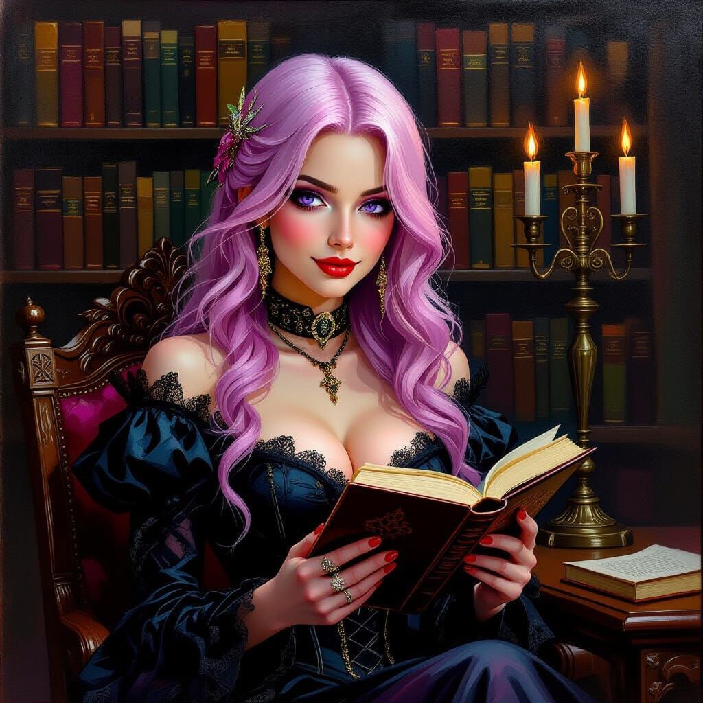 Pink Haired Woman Reading in Gothic Library