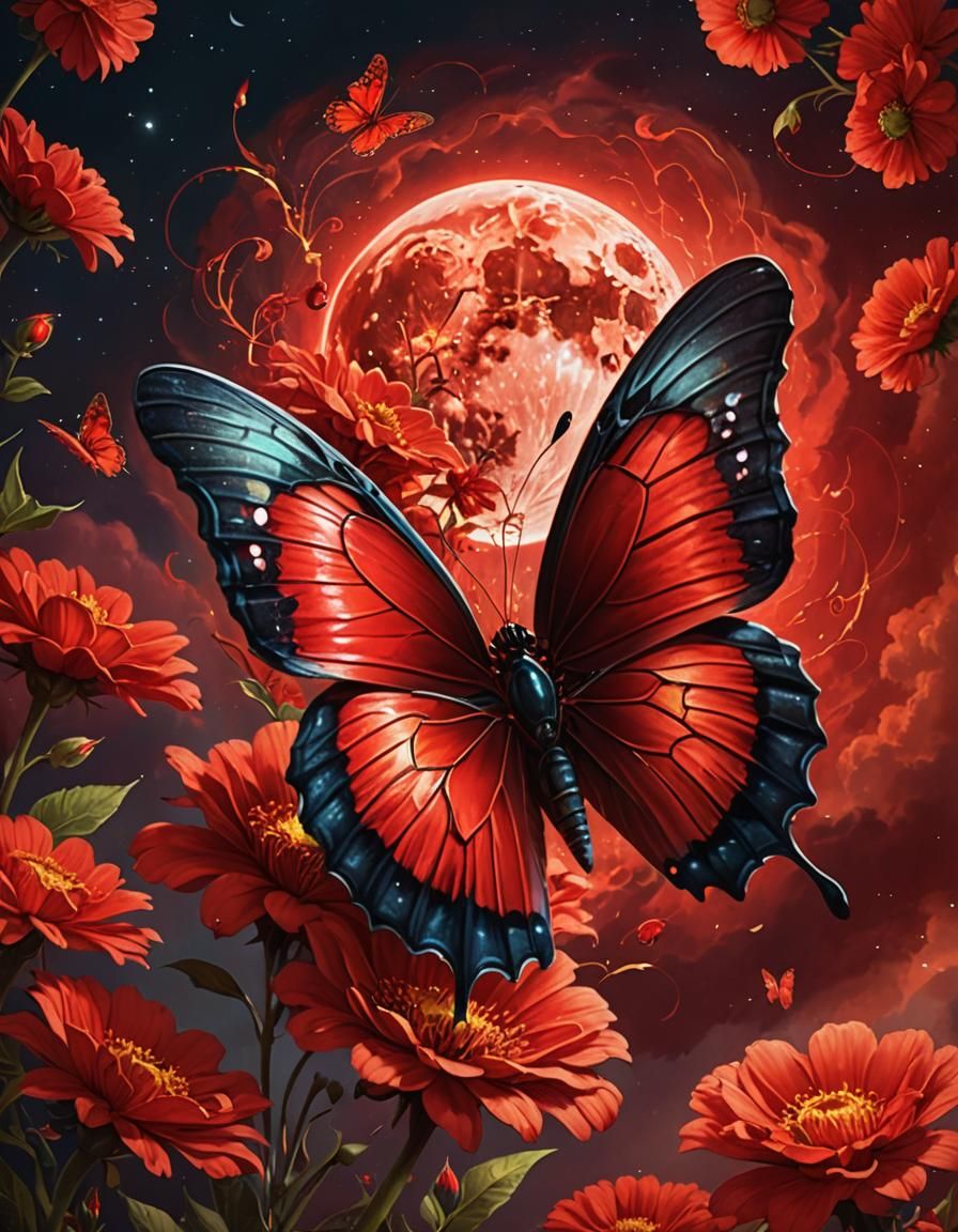 Hyperrealistic Red Butterfly on Flower with Red Moon