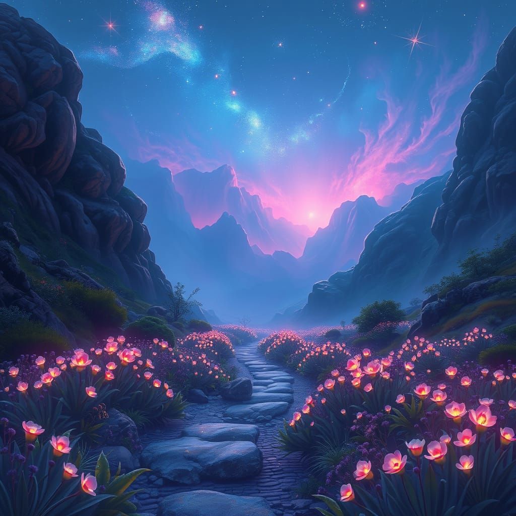 Dreamlike Landscape Under Celestial Veil