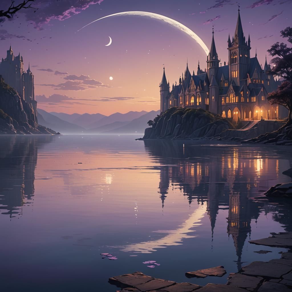 Gothic Sunset Over Serene Bay: Fantasy Concept Art