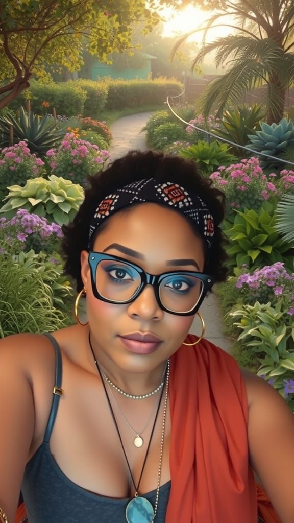 Black Woman With Afro and Cat-Eye Glasses in Garden