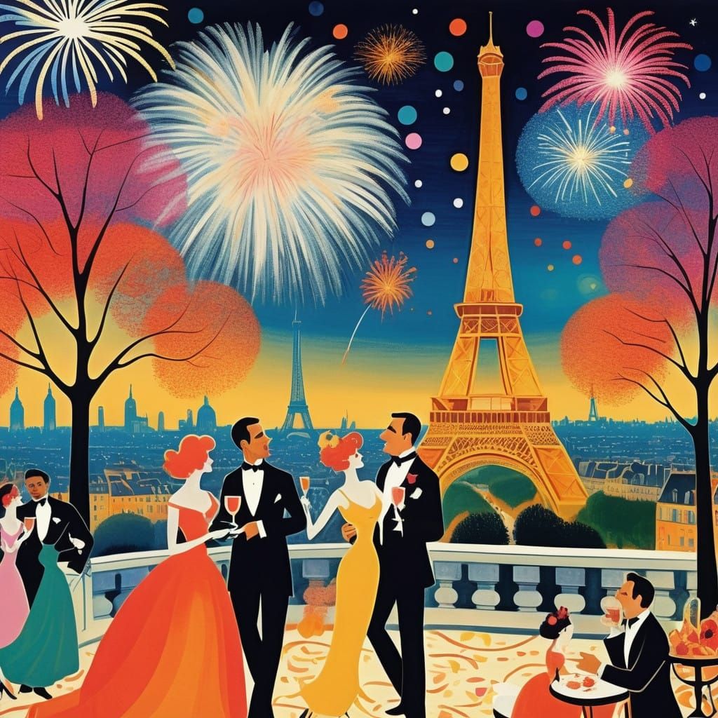 French New Year's Eve Celebration in Dreamy, Whimsical Style