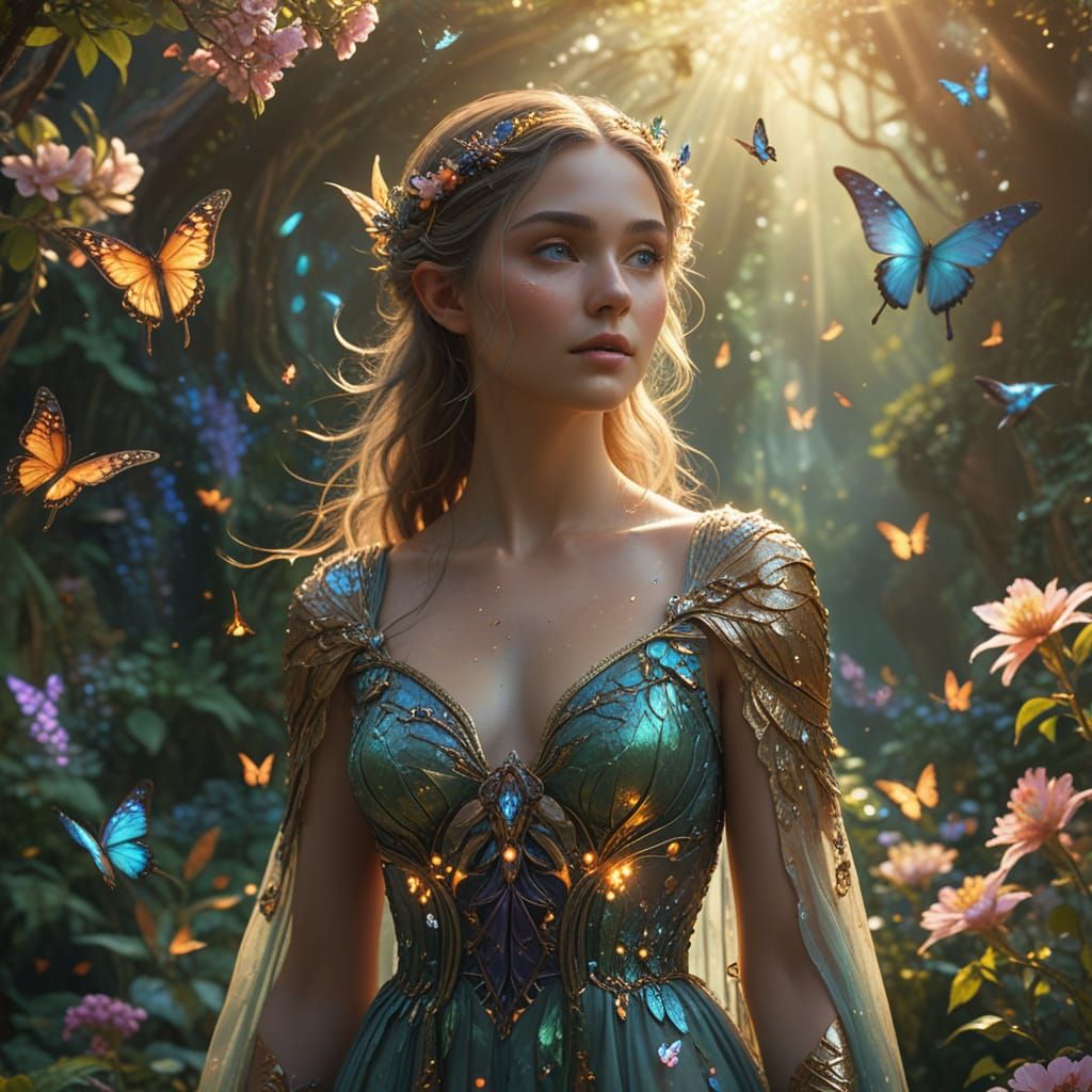 Ethereal Elf Goddess in Whimsical Garden Scene