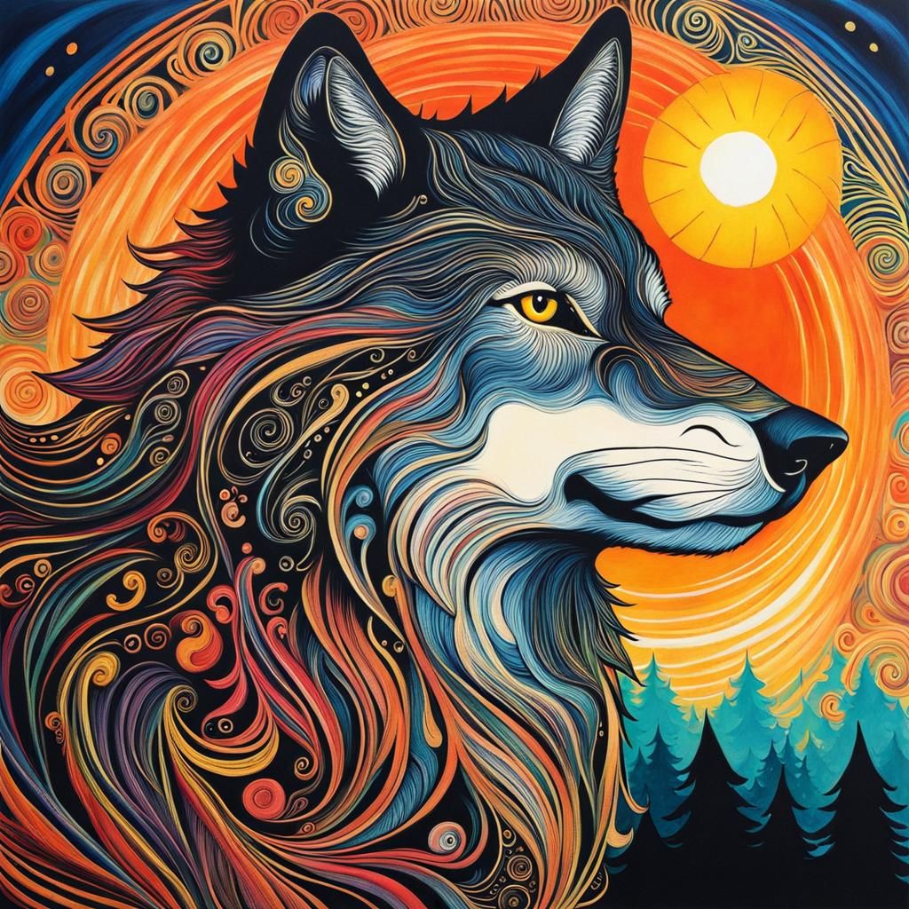 Wolf Gazing at Sunset: Abstract Crayon Art