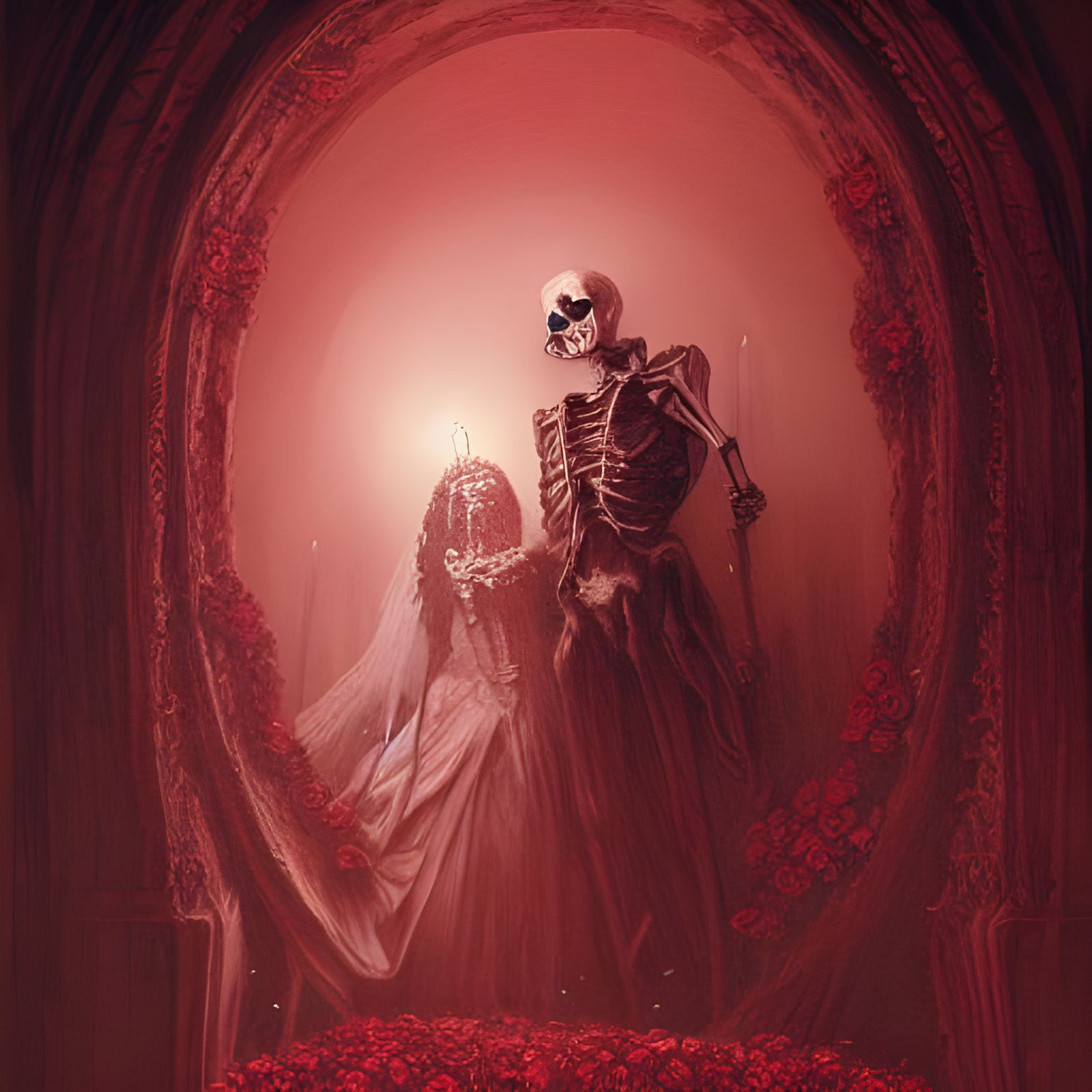 Skeletal Wedding with Roses in Horror Style