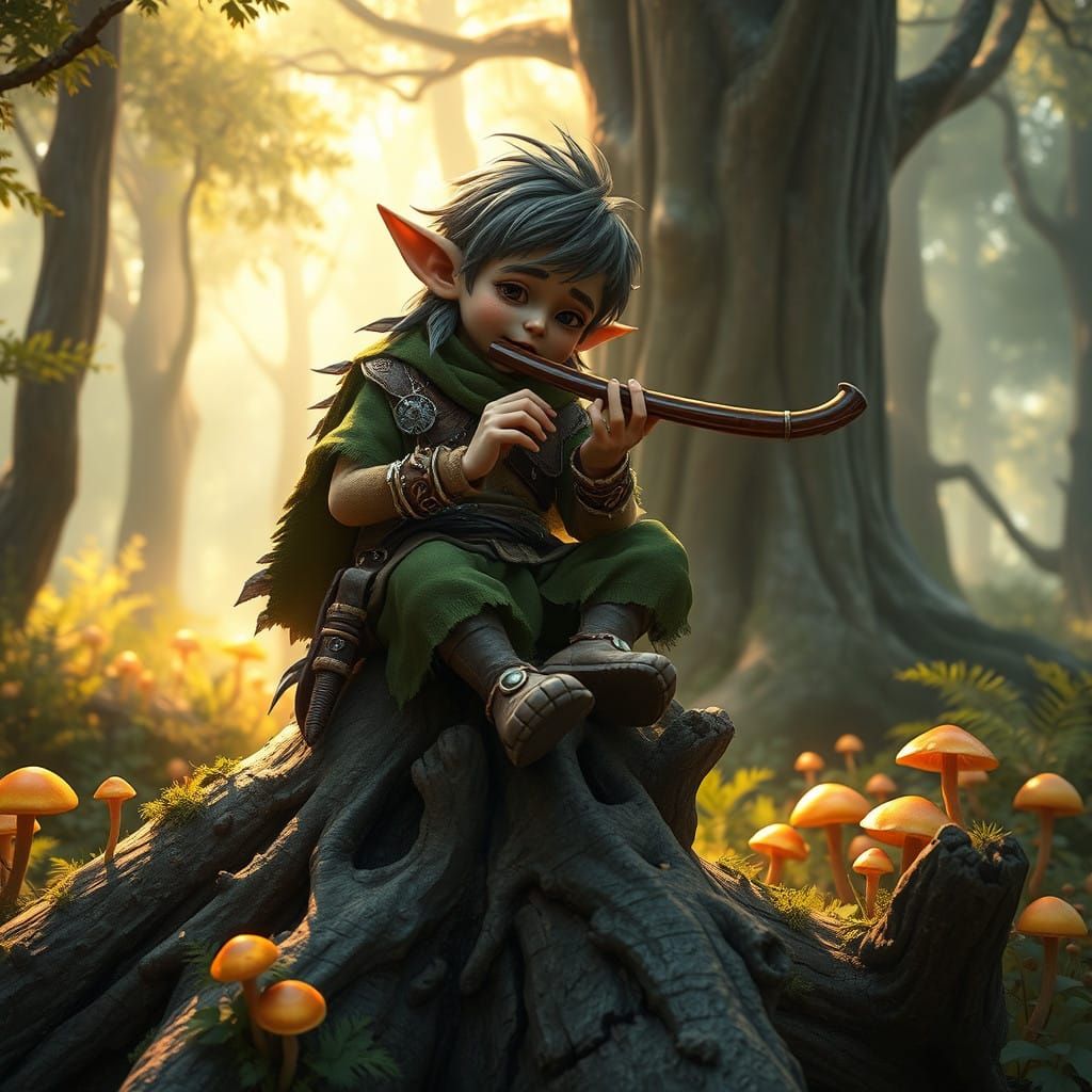 Whimsical Kender Musician in Enchanted Dragonlance Forest