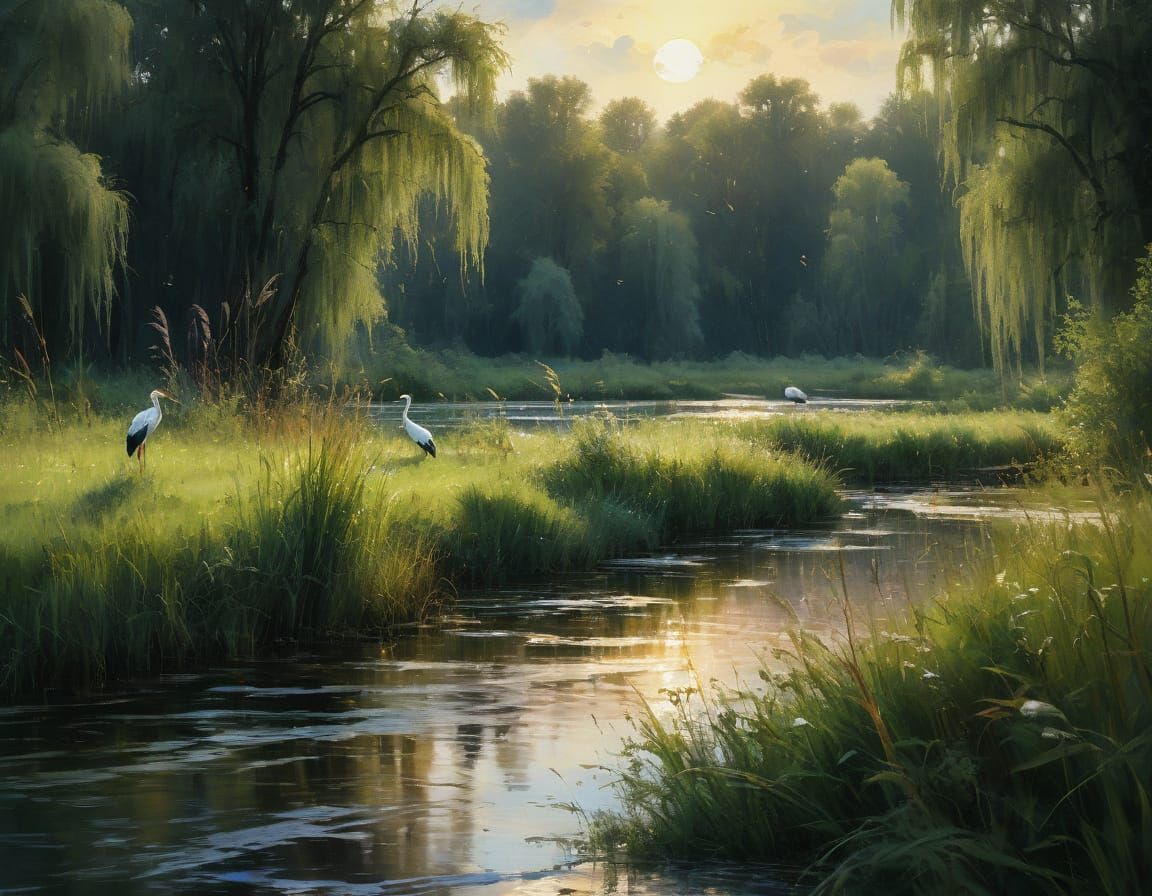 Stork in Wet Meadow of Poland, Watercolor Painting