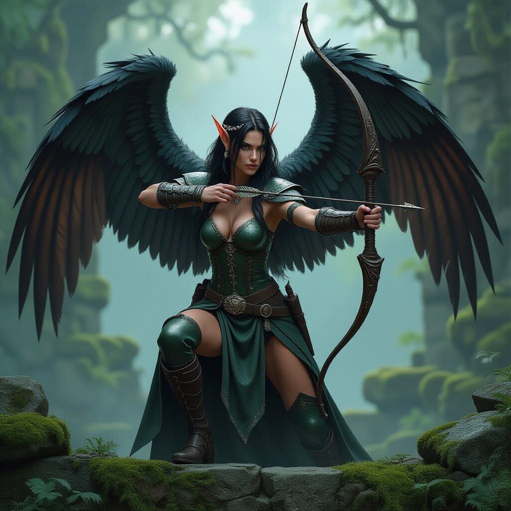 Winged Elf on Ruins with Burned Wings, Hyperrealistic Style
