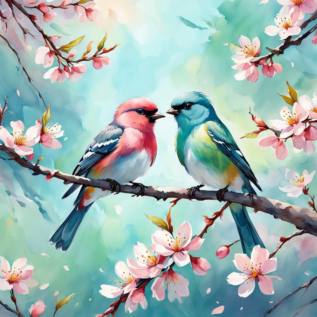 Vibrant Anime-Inspired Watercolor Painting of Birds and Cher...