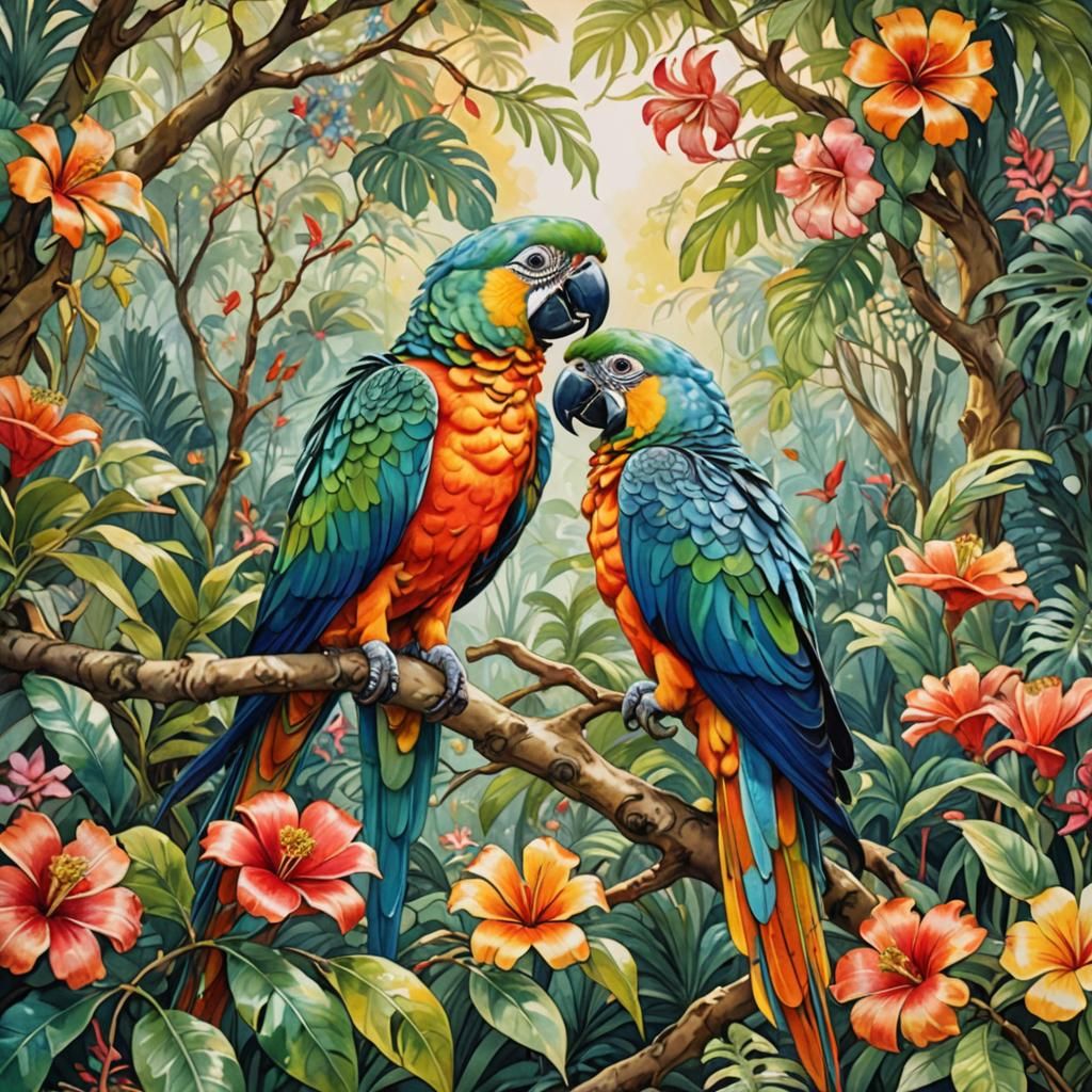 Art Nouveau Painting of Parrots in Jungle