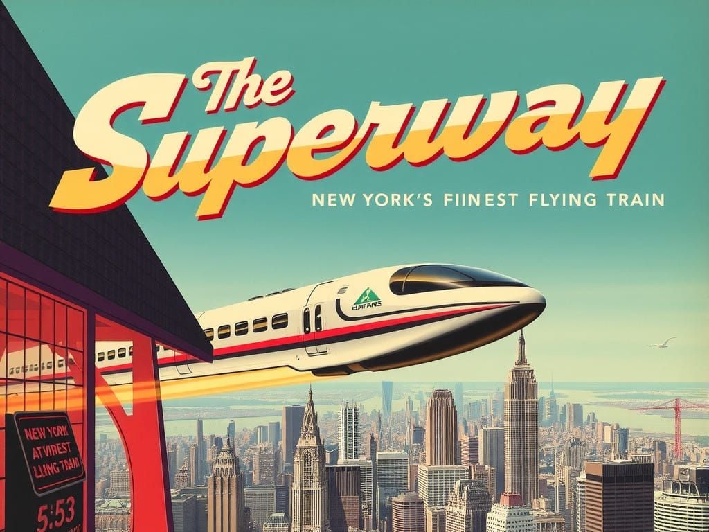 Retrofuturistic Flying Train Over New York City