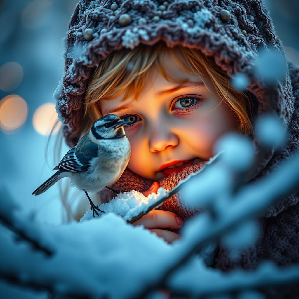Surreal Winter Girl with Bird Basks in Soft Blue Light