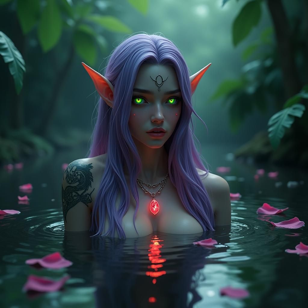 Ethereal Elf Woman in Mystical Forest Pool