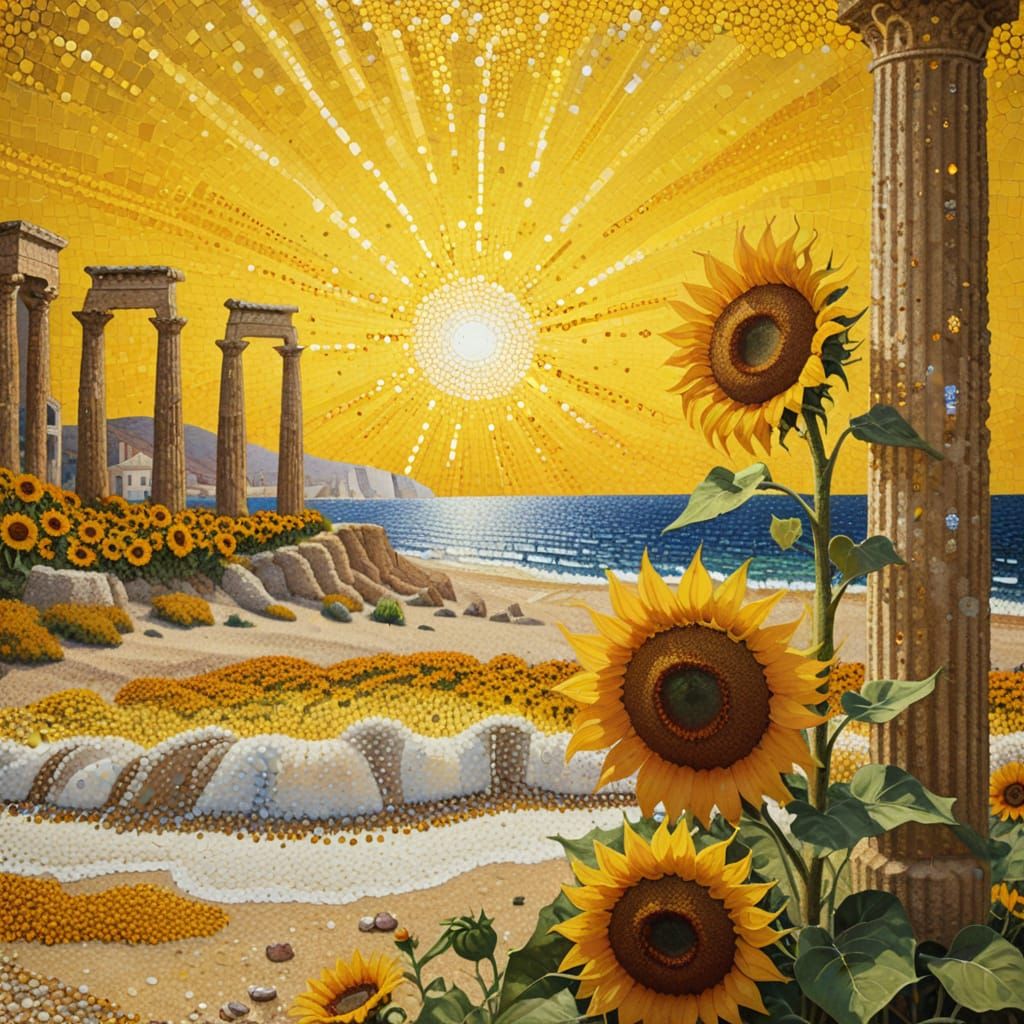 Pointillist Seascape with Sunflowers and Greek Ruins