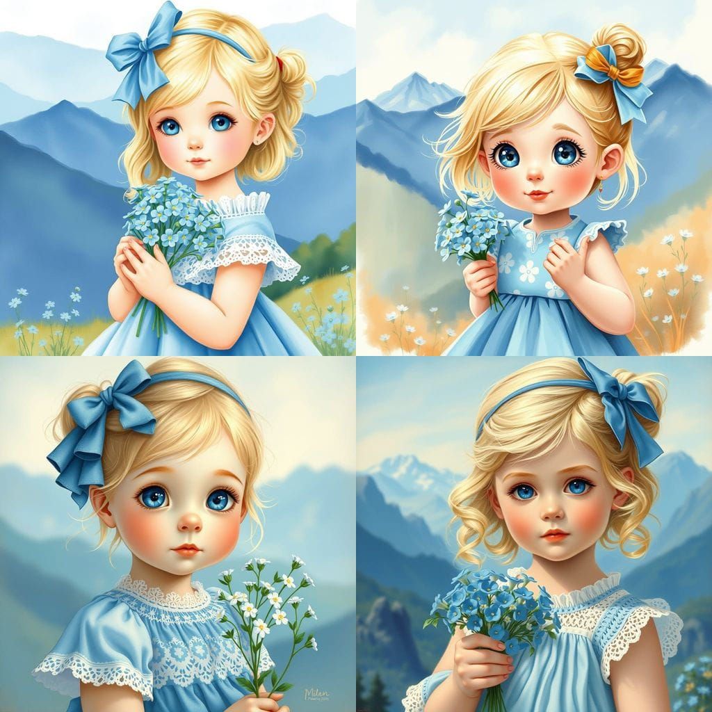 Little Girl with Blue Flowers and Mountains