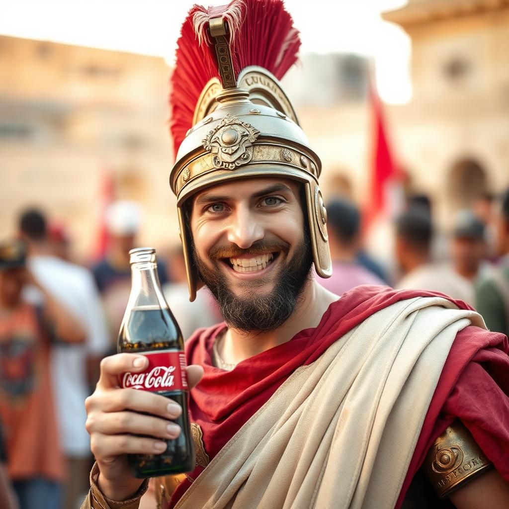 Smiling Roman Soldier with Coca-Cola in Rome