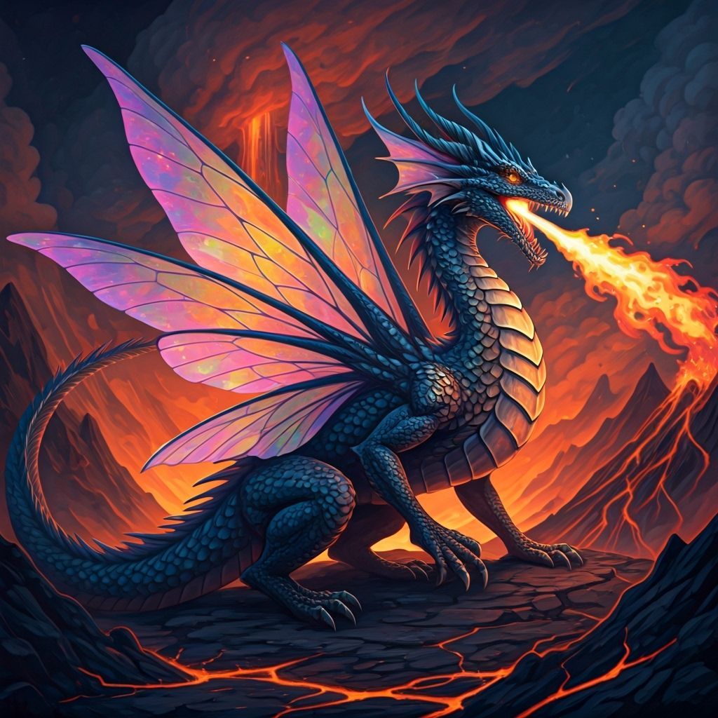 Fairy Dragon in Volcanic Landscape, Digital Illustration