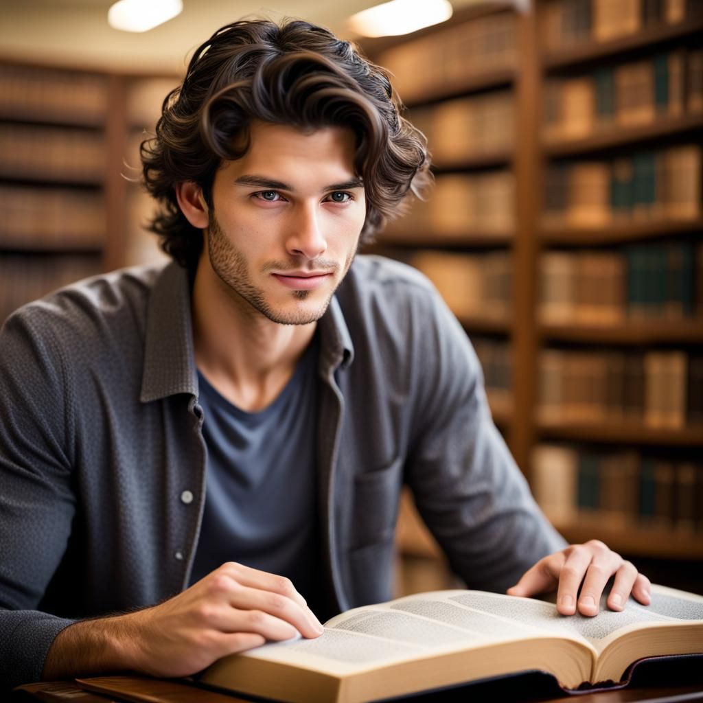 Handsome Student Reading in Library: Professional Portrait
