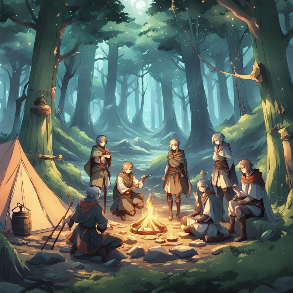 Teenage Adventurers Camping in Fantasy Forest: Anime Style