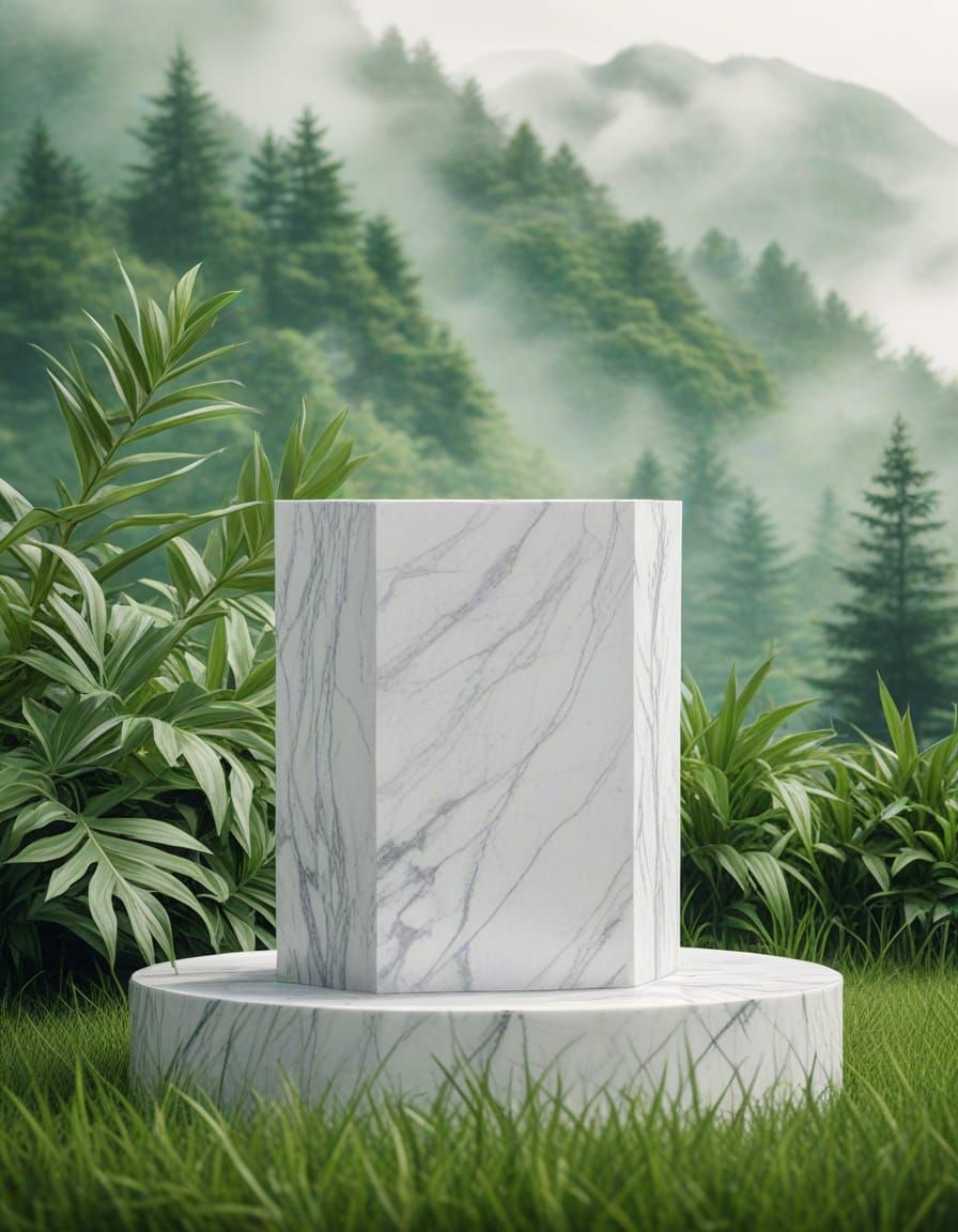 Minimalist Product Display on Marble Podium with Green Plant...