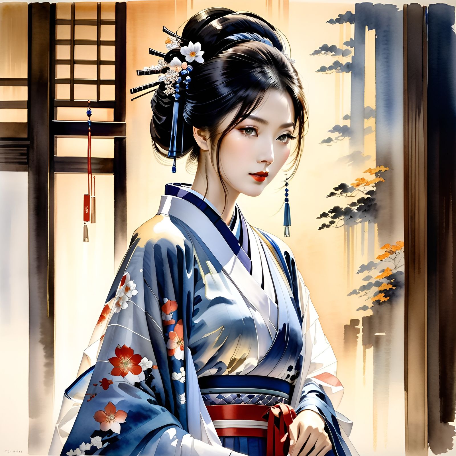 Japanese Woman in Kimono Watercolor Painting