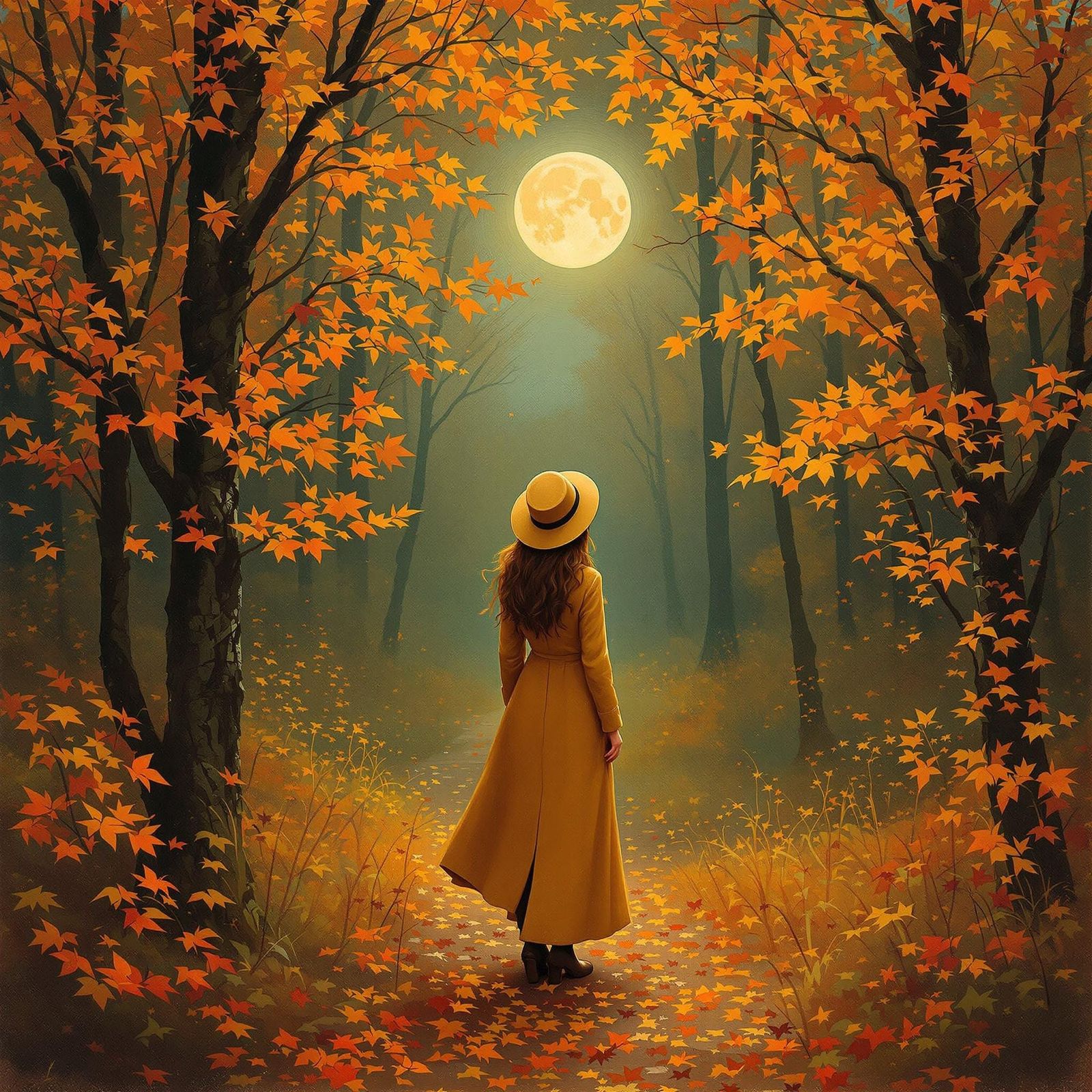 Autumnal Woman in Forest, Dreamlike Impressionist Painting