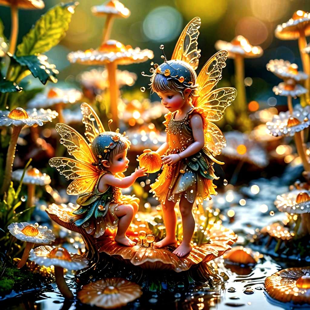 Fairies Dancing on Mushroom, Macro Photography