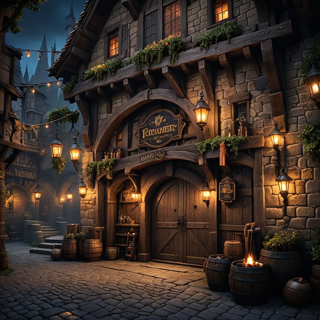 Medieval Tavern Entrance at Night: Fantasy Concept Art