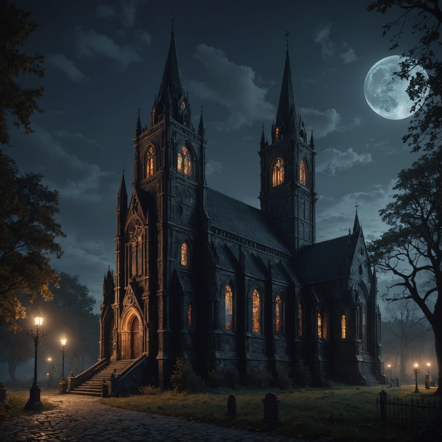 Dark Catholic Church at Night: Detailed Matte Painting
