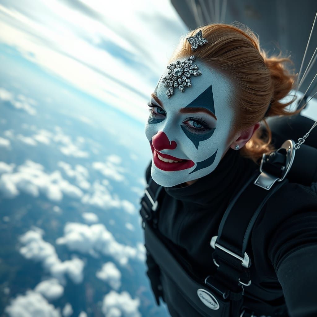 Skydiving Clown in Sleek Jumpsuit: Hyperrealistic 8k Portrai...