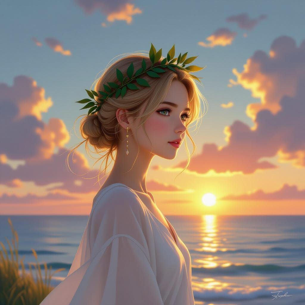Anime Girl Contemplates Sunset in Ghibli-Inspired Scene